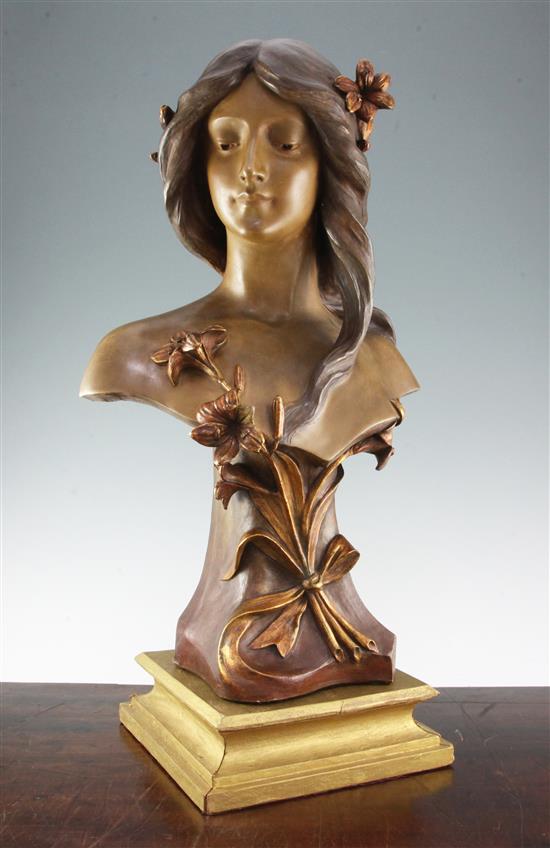 An Art Nouveau Continental painted terracotta bust of a young woman, probably Austrian, overall 27.5in. incl. plinth